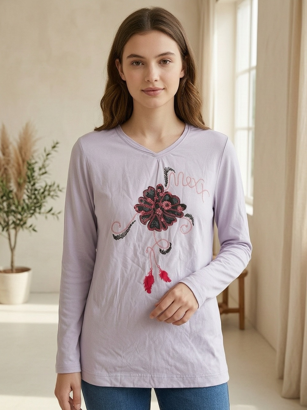 Mexx Lilac Long-Sleeve Tee with Pink Embroidered Floral Accent